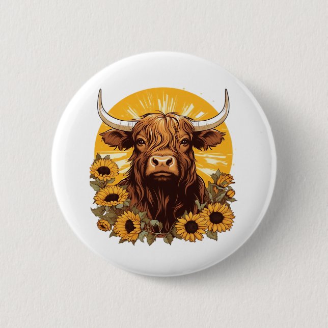 Bóton Redondo 5.08cm Ilustração de Vaca do Planalto com Castanheiras (Frente)