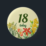 Bóton Redondo 5.08cm Ilustração Floral das Flores de Mola de Água<br><div class="desc">Projetado com base na minha ilustração aquosa de tulipas amarelas de papagaio,  daffodils,  lírio laranja e lírios amarelos do dia. Uma bela combinação de cores brilhantes das flores de primavera. Personalizável no Zazzle com seu próprio texto para um design personalizado. Veja na minha loja os itens correspondentes!</div>