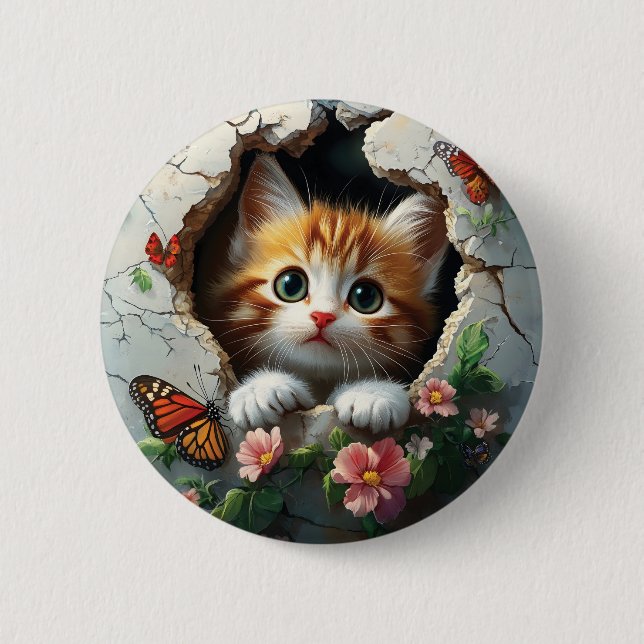 Bóton Redondo 5.08cm Imagem 3D de um gatinho fofo espiando (Frente)