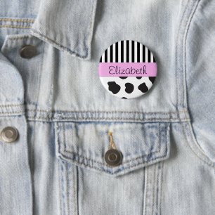 Bóton Redondo 5.08cm Impressão de Vaca, Stripes, Preto e Branco, Seu No