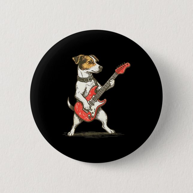 Bóton Redondo 5.08cm Jack Russell Terrier Dog Playing Guitar Rocker Gui (Frente)