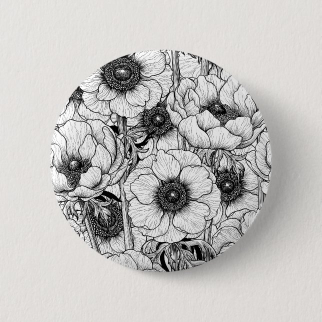 Bóton Redondo 5.08cm Jardim anêmono em preto e branco (Frente)