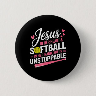 Bóton Redondo 5.08cm Jesus Em Seu Coração E Softball Em Sua Mão Softba