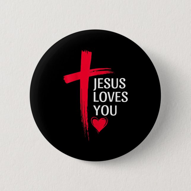 Bóton Redondo 5.08cm Jesus Loves You Christian Love Cross Heart Design  (Frente)