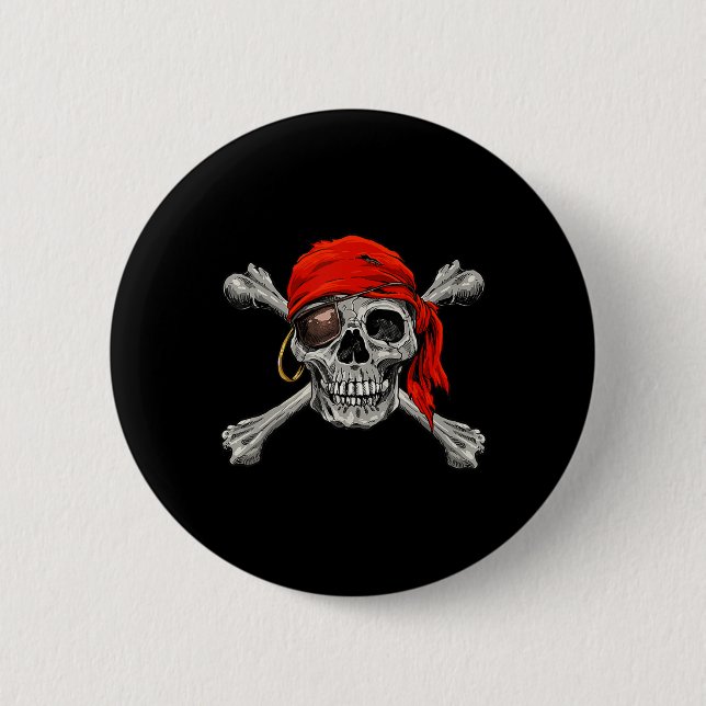 Bóton Redondo 5.08cm Jolly Roger Pirate Skull Crossbones Halloween (Frente)