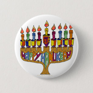 Bóton Redondo 5.08cm Judaica Happy Hanukkah Dreidel Menorah