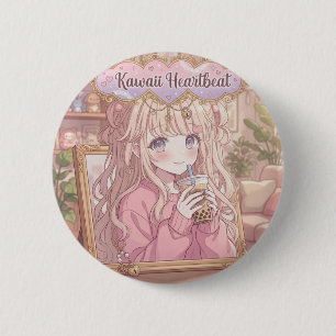 Bóton Redondo 5.08cm Kawaii Heartbeat Anime Girl Boba Tea Estética Mas