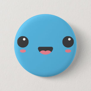 Bóton Redondo 5.08cm Kawaii, rosto feliz giro, azul-céu