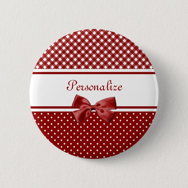 Bóton Redondo 5.08cm Laço de Gingham Vermelho Nome (Frente)
