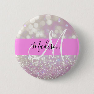 Bóton Redondo 5.08cm Lilás Girly Brilho Glitter Faíscas Monograma Nome