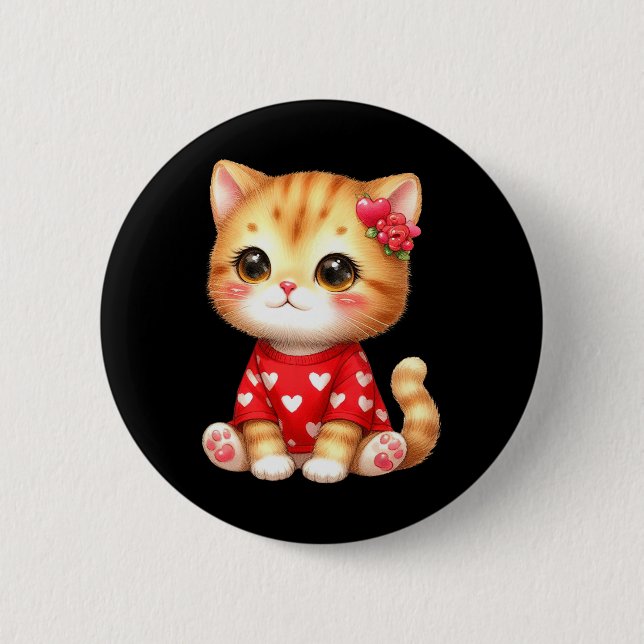 Bóton Redondo 5.08cm Lindo Gatinho de São Valentim Com Coração  (Frente)