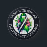 Bóton Redondo 5.08cm Living with Bipolar | Thriving with Courage<br><div class="desc">Buttons to help spread awareness for Bipolar Disorder with a black,  white and green striped awareness ribbon with an inspirational quote.</div>