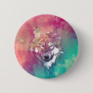 Bóton Redondo 5.08cm Lobo abstrato artístico da aguarela cor-de-rosa d