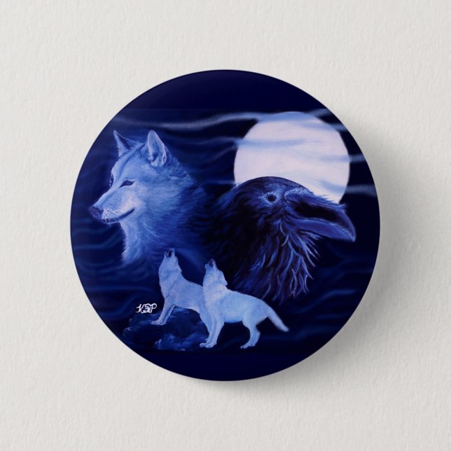 Bóton Redondo 5.08cm Lobo e Raven com lua de cheio (Frente)