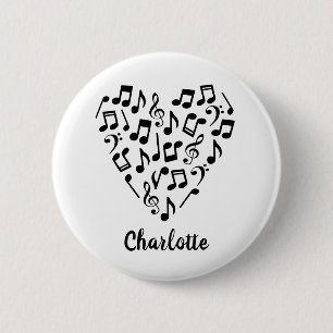 Bóton Redondo 5.08cm Love Music Heart of Music Notes with Name