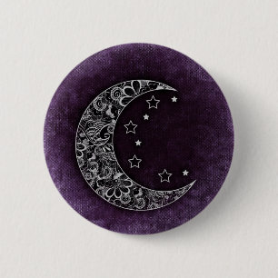 Bóton Redondo 5.08cm Lua e estrelas do Crescente Floral ouro em Roxo