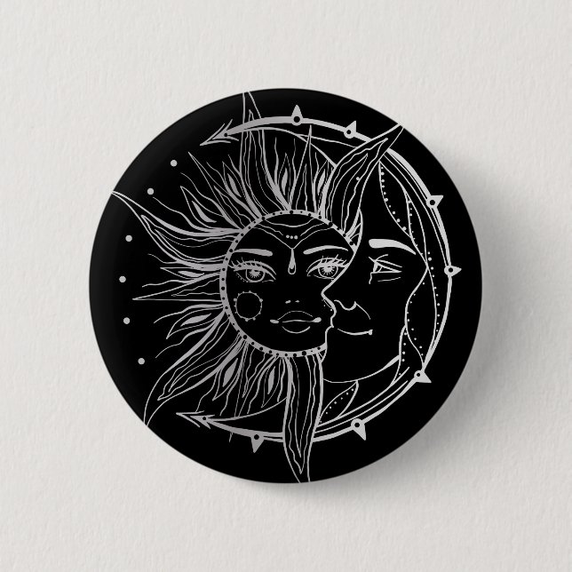 Bóton Redondo 5.08cm Lua e sol. Ilustração de tatuagem de estilo Vintag (Frente)