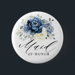 Bóton Redondo 5.08cm Madrinha de casamento de marfim de Marinho azul em<br><div class="desc">Botão de Madrinha de casamento floral azul-poeirento com buquê elegante de azul marinho, azul-real, branco, ouro, marfim de champanhe, rosa de cor escamosa, botões de flor ranÚculus e folhas de eucalipto verde-sábio e buquê de aquarela elegante. Entre em contato comigo para obter ajuda sobre a personalização ou se você precisar...</div>