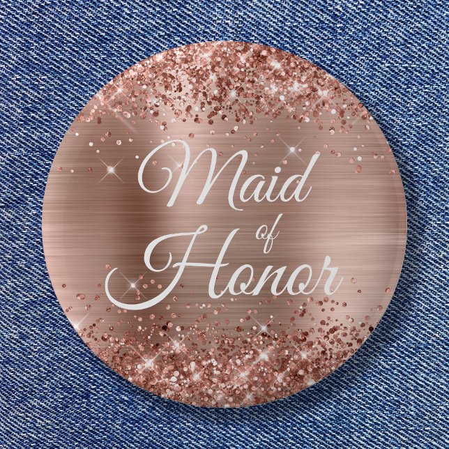 Bóton Redondo 5.08cm Madrinha de casamento Glittery Rosa Gold Foil (Maid of Honor Glittery Rose Gold Foil Button)