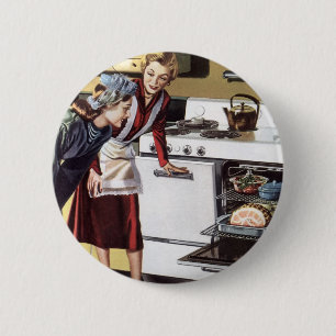 Bóton Redondo 5.08cm Mãe Vintage na Cozinha Cozinhando um Presunto de P