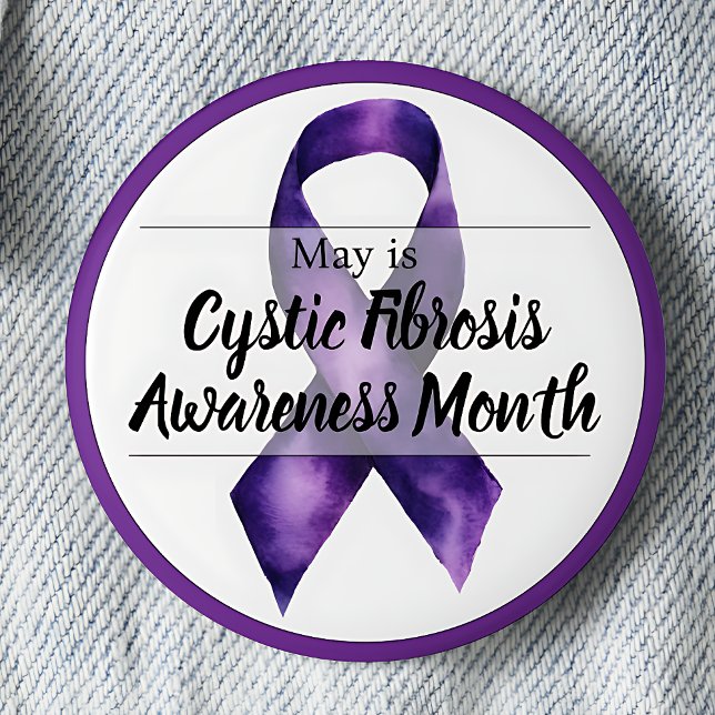 Bóton Redondo 5.08cm Maio Mês de Consciência da Fibrose Cística (Purple ribbon May Cystic Fibrosis Awareness Month pinback button.)
