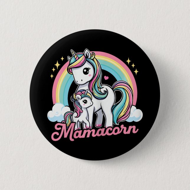 Bóton Redondo 5.08cm Mamacorn - Engraçada Figurinha de Unicórnio, Mamãe (Frente)