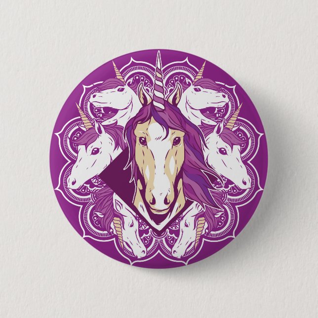Bóton Redondo 5.08cm Mandala de Unicórnio Roxo (Frente)