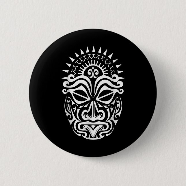 Bóton Redondo 5.08cm Maori Polynésia Tattoo Haka Dance Face Mask Head (Frente)