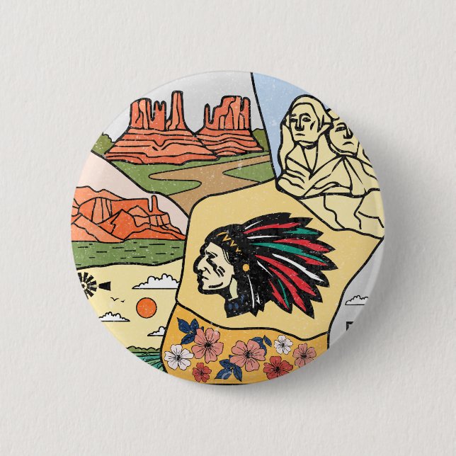 Bóton Redondo 5.08cm Mapa das Ilhas Badlands Mt Rushmore Colinas Negras (Frente)