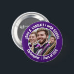 Bóton Redondo 5.08cm Marca do Segundo grau de Fotografias com Banda Rox<br><div class="desc">Esta legal fotografia de banda personalizada de marchagem de segundo grau apresenta a tipografia branca do seu grupo e o nome do jogador num botão de marca roxo. Personalize com a fotografia do seu aluno e o ano de aula como um pai orgulhoso. Uma mãe e um pai podem vestir...</div>