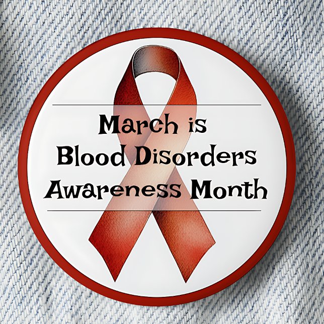 Bóton Redondo 5.08cm Março Doenças do Sangue Mês de Consciência (March is Blood Disorders Awareness Month pinback button. Red Awareness Ribbon.)