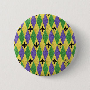 Bóton Redondo 5.08cm Mardi Gras Harlequin Fleur De Lis