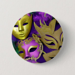 Bóton Redondo 5.08cm Mardi Gras Purple e Dourada Máscaras de Mascarada