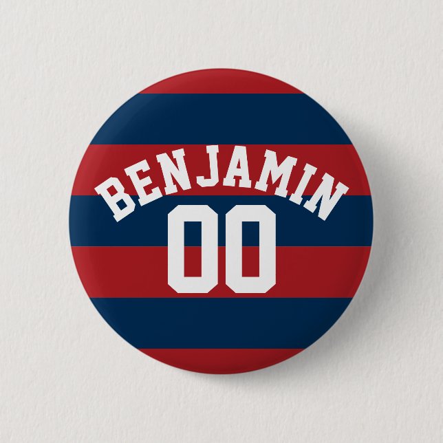 Bóton Redondo 5.08cm Marinho Azul e Vermelho Râguebi Número (Frente)