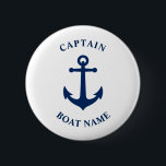 Bóton Redondo 5.08cm Marinho do nome do navio da Anchor Náutica Vintage<br><div class="desc">Ancoragem Náutica de Vintage Azul marinho e o Nome do Barco Personalizado e o Botão de Classificação do Capitão Personalizável.</div>