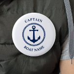 Bóton Redondo 5.08cm Marinho do nome do navio de ancoragem marítimo náu<br><div class="desc">Ancoragem azul-marinho do mar náutico e seu nome de barco personalizado e botão de classificação do capitão personalizável.</div>