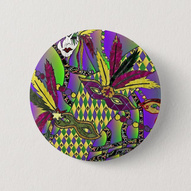 Bóton Redondo 5.08cm Máscaras de penas de Mardi Gras psicodélicas (Frente)