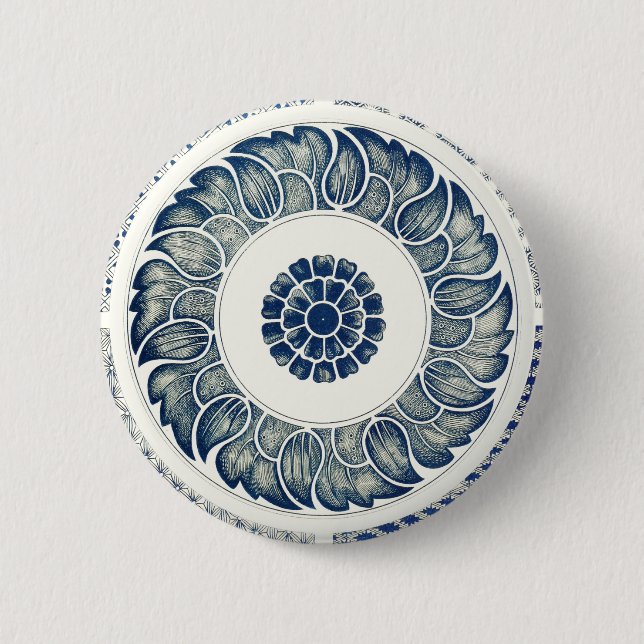 Bóton Redondo 5.08cm Medalhão Chinês: Chinoiserie Azul Índigo (Frente)