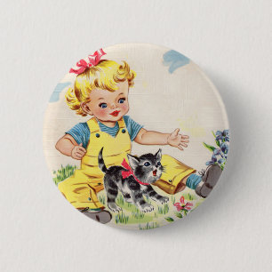Bóton Redondo 5.08cm menina adorável com o gatinho pequeno adorável