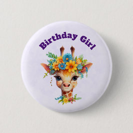 Bóton Redondo 5.08cm Menina de Aniversário Girafa Fofa com Coroa Floral