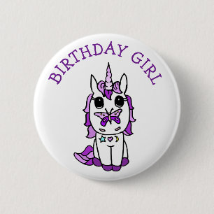 Bóton Redondo 5.08cm Menina de Aniversário Unicórnio Roxo