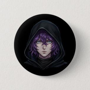 Bóton Redondo 5.08cm Menino Anime com Capuz Escuro e Cabelo Roxo