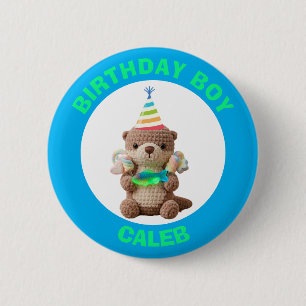 Bóton Redondo 5.08cm Menino de Aniversário Urso de Pelúcia Azul e Ver