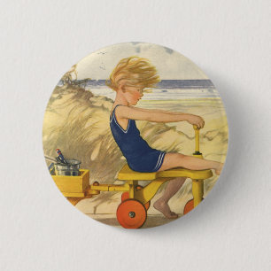 Bóton Redondo 5.08cm Menino do vintage que joga na praia com brinquedos