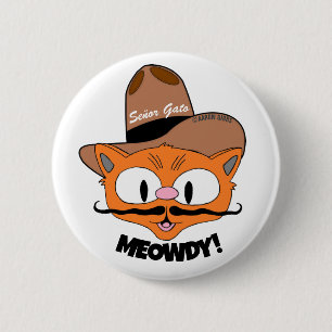 Bóton Redondo 5.08cm MEOWDY! Botão de Gato Caubói com Bigode de Desenho