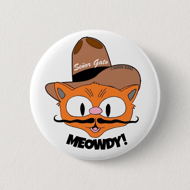 Bóton Redondo 5.08cm MEOWDY! Cartoon Mustache Cowboy Botão de Gato (Frente)