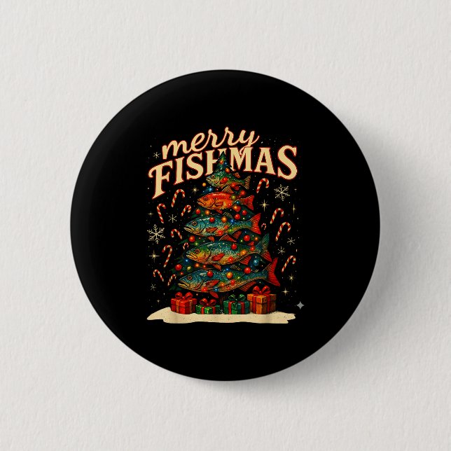 Bóton Redondo 5.08cm Merry Fishmas Funny Fishing Christmas Design  (Frente)
