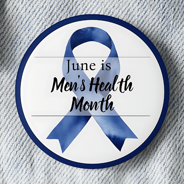 Bóton Redondo 5.08cm Mês da Saúde dos Homens em Junho (Blue Awareness Ribbon June is Men's Health Month pinback button.)