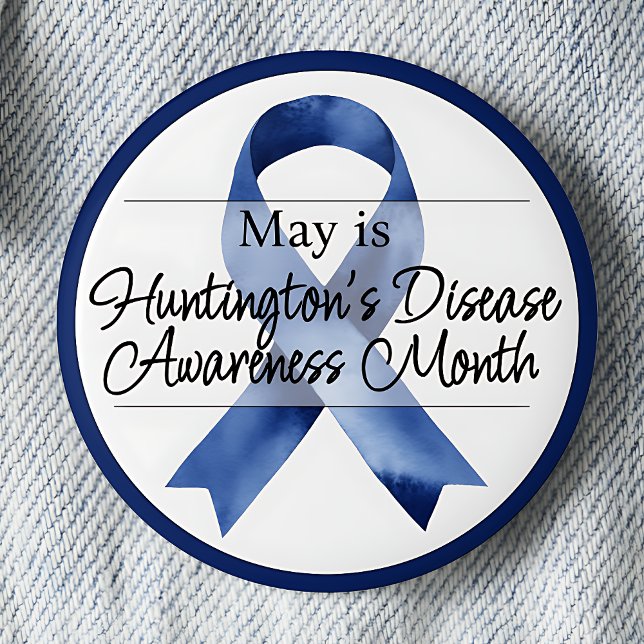Bóton Redondo 5.08cm Mês de Consciência da Doença de Huntington (May is Huntington's Disease Awareness Month Blue Awareness Ribbon pinback button.)