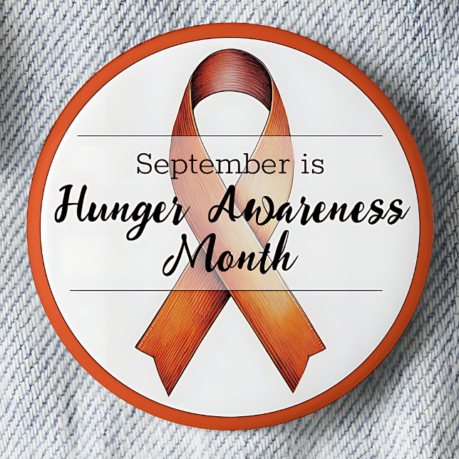 Bóton Redondo 5.08cm Mês de Consciência da Fome em setembro (September is Hunger Awareness Month pinback button.  Orange awareness ribbon.)